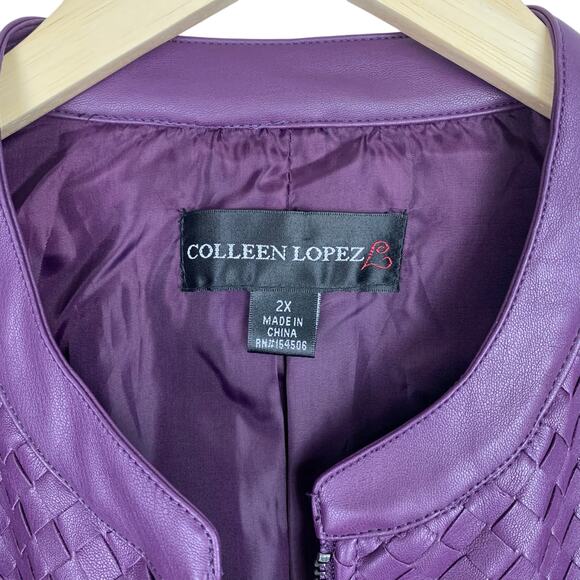 Colleen Lopez Womens 2XL Purple Faux Leather Knit Sides Zip Up Jacket - Picture 9 of 13